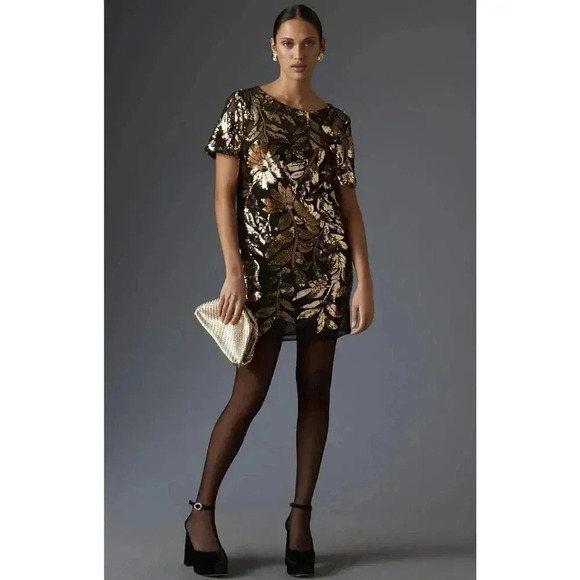 Maeve short-sleeve sheer embellished mini dress black/gold size XS cocktail - Picture 5 of 9